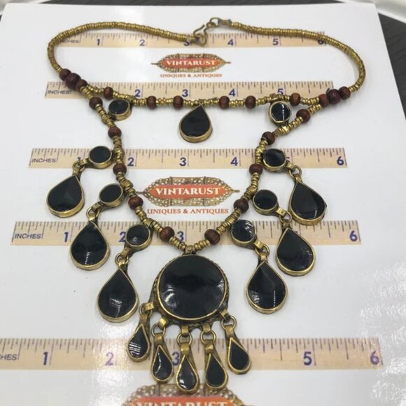 Two Layers Tribal Stones Vintage Necklace, Afghan Metal and Wooden Beaded Chain - Picture 1 of 7